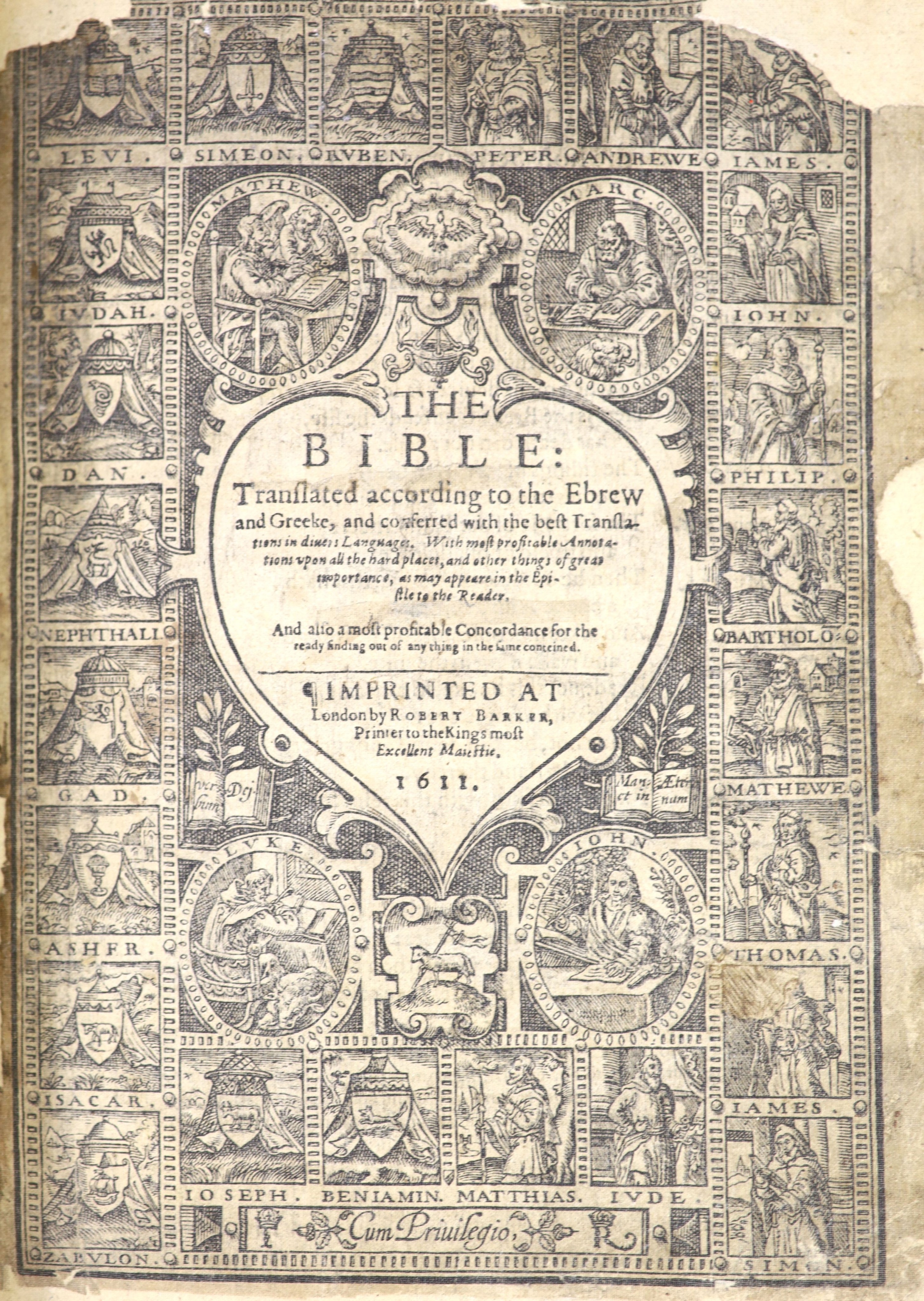 [Holy Bible] The Bible: translated according to the Ebrew and Greeke.... (Geneva version). pictorial engraved title, head and tailpiece decorations and decorated initial letters, black letter, NT. pictorial title dated 1